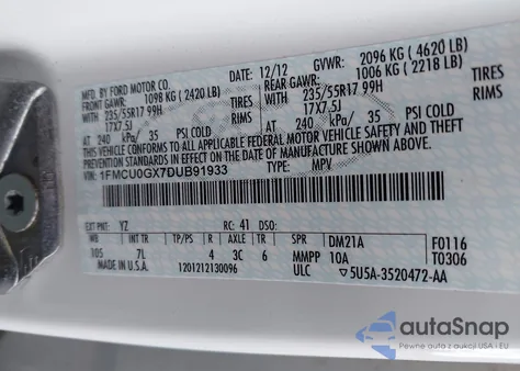 2013 Ford Escape Se from USA, damaged, VIN 1FMCU0GX7DUB91933